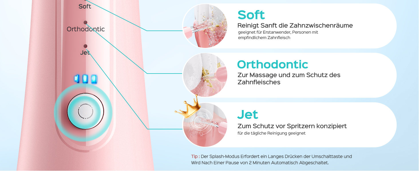 COSLUS Електрична душова насадка бездротова: 20 бар, IPX7, водонепроникна, 4 режими для гігієни порожнини рота, 5 інтенсивностей (Рожева)