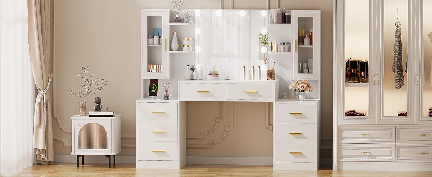 Великий туалетний столик ANWBROAD з LED-підсвіткою (3 кольори), розетками, дзеркалом та 8 висувними ящиками. Сучасний дизайн, колір - білий, розмір 150x135x40 см. Модель BDT67W