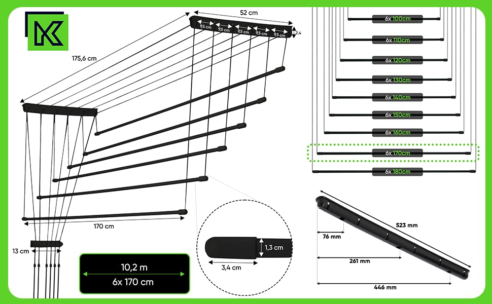 Сушарка для стельового білизни KADAX, сушарка для білизни для стелі 6, настінна сушарка зі сталевими перекладинами, покритими поліетиленом, стельова сушарка вантажопідйомність 12 кг (6x170 / чорний)