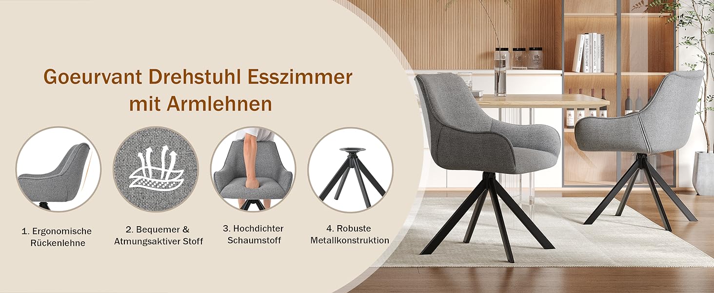 Обідні стільці поворотні, комплект 2 шт. з підлокітниками, світло-сірий льон. Сучасні поворотні стільці для кухні, вітальні, офісу. Металевий каркас, м'яке сидіння, підходить для їдальні, вітальні, офісу, колір: коричневий.