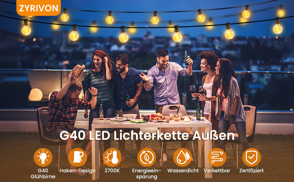 LED гірлянда для вулиці, 20 метрів, G40, 30+2 лампочки, пластик, IP44, вологостійка, для саду, вечірки, тепле світло, 20м, EU