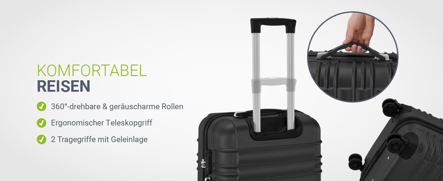 Набір валіз Juskys Hartschale 3 шт. з кодовим замком, тихі колеса 360°, телескопічна ручка, легкі - чорний колір