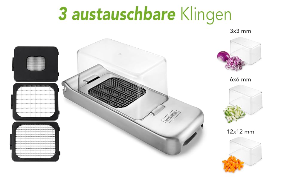 Подрібнювач для овочів ALLIGATOR 3094 з нержавіючої сталі з контейнером - для овочів, цибулі та картоплі фрі - 3 змінні леза (3x3 мм, 6x6 мм, 12x12 мм) - Без BPA