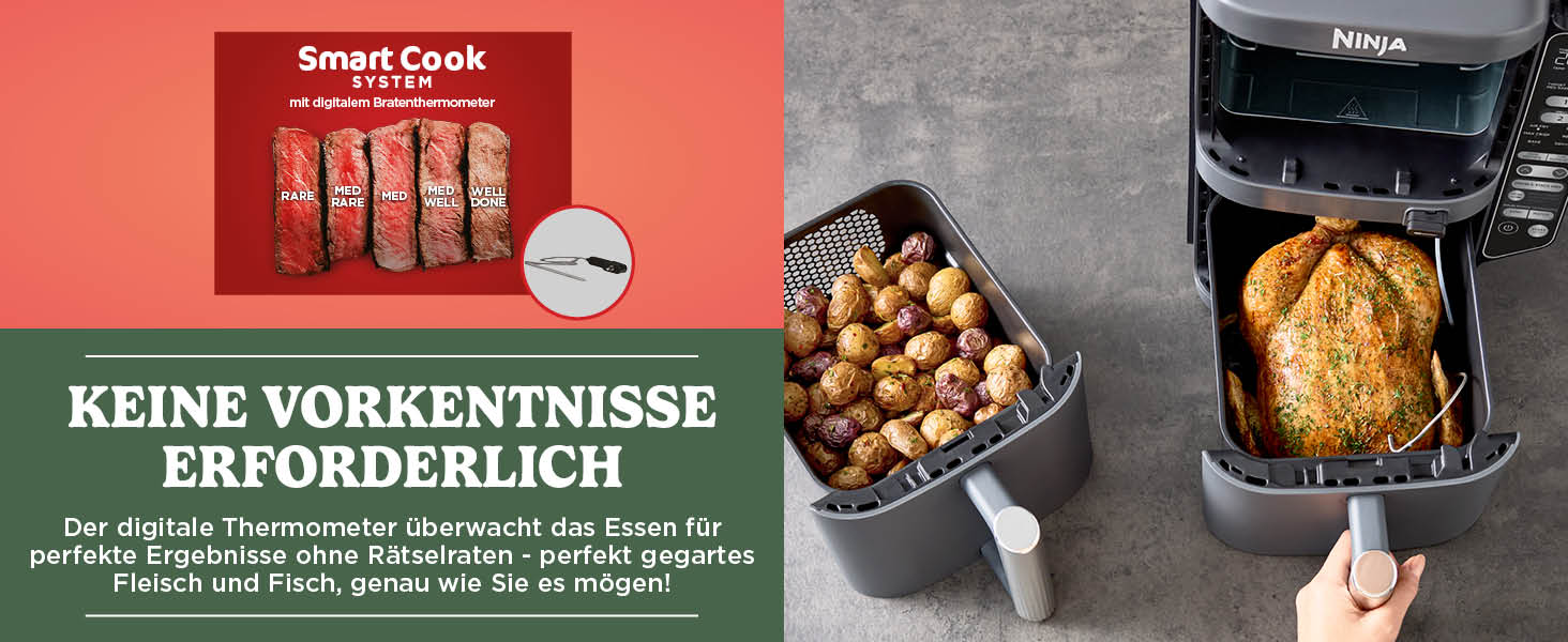 Вертикальна аерофритюрниця Ninja Double Stack XL Air Fryer 9,5 л з цифровим термометром, 6 функцій приготування, 2 рівні, сіра SL451EU