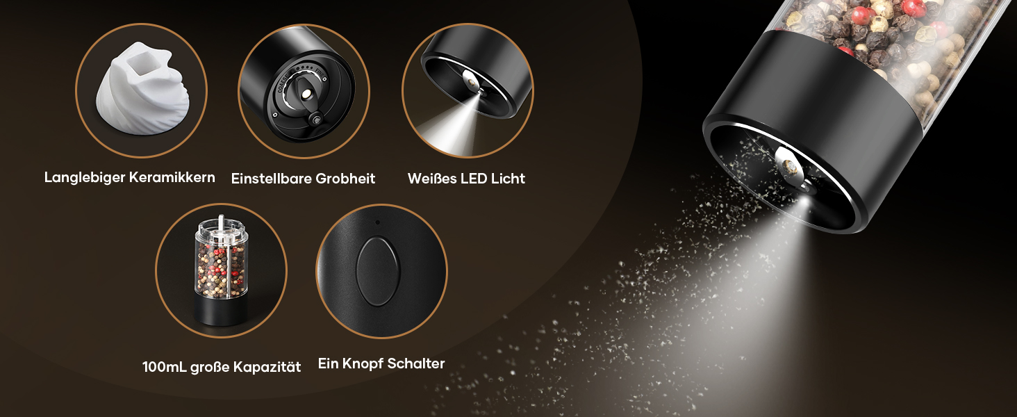 Електричні солі та перечні млини 2 шт. (чорні) з регулюванням помелу, LED-підсвічуванням та великим резервуаром 100 мл