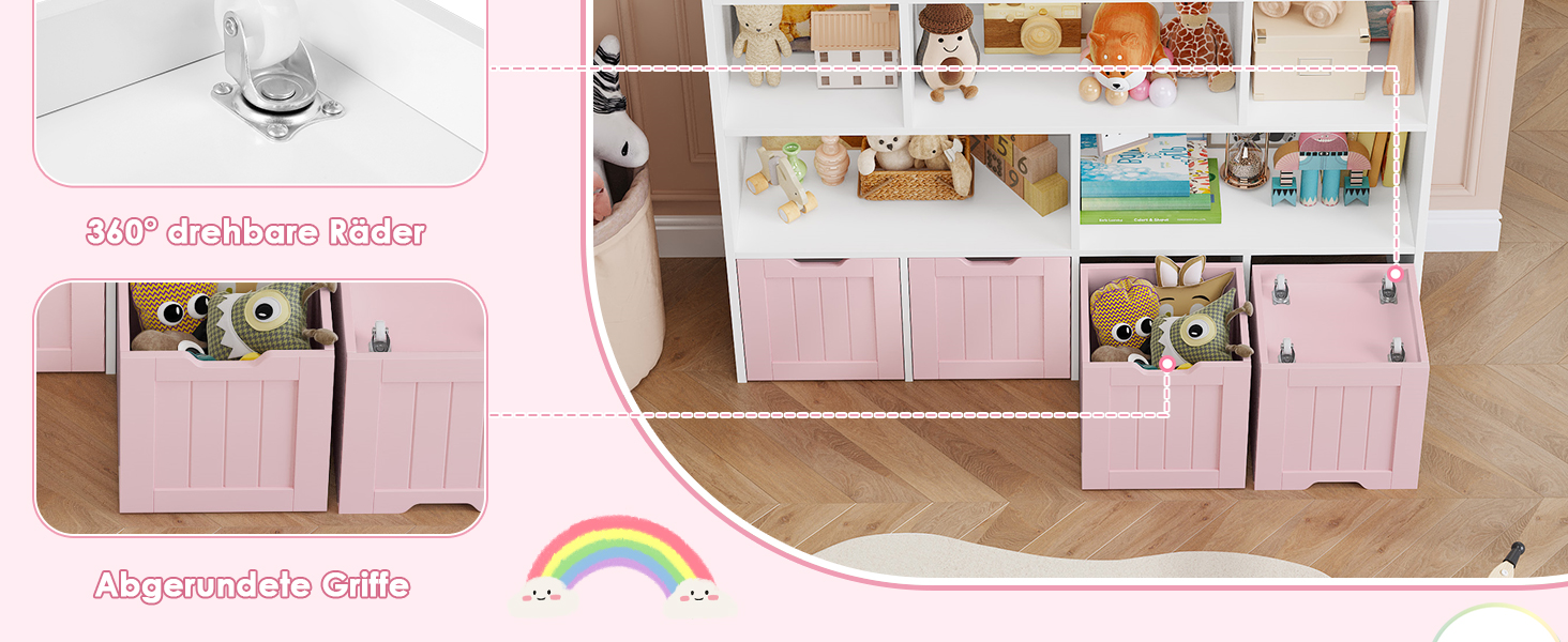 Дитяча полиця FOREHILL з коробками на колесах, 4 яруси, меблі для дитячої кімнати, іграшковий та книжковий стеллаж, рожевий, 125.5x33x118 см