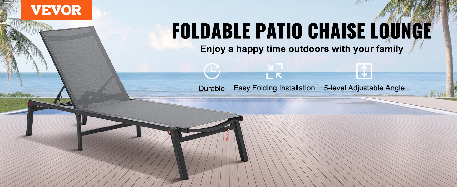 Лежак для відпочинку VEVOR, 182x60x88 см, алюмінієвий, 5 положень, для саду, тераси, пляжу, басейну, темно-сірий
