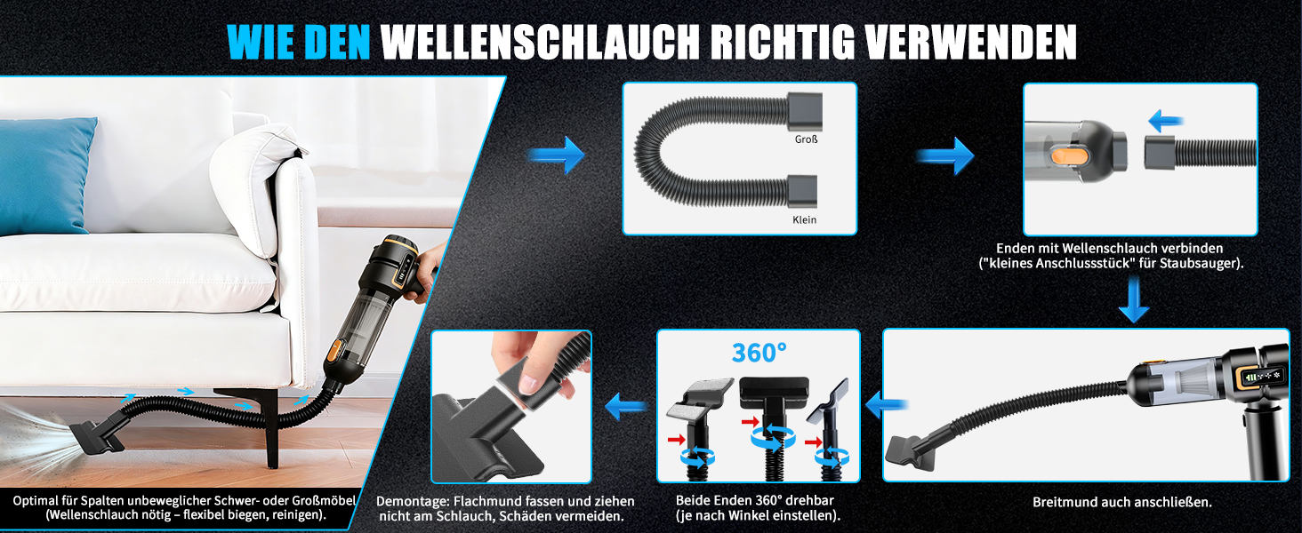 Акумуляторний ручний пилосмок для авто та дому 23000Па, міні-пилосмок з функцією продувки та насоса, 6000mAh, чорно-золотий