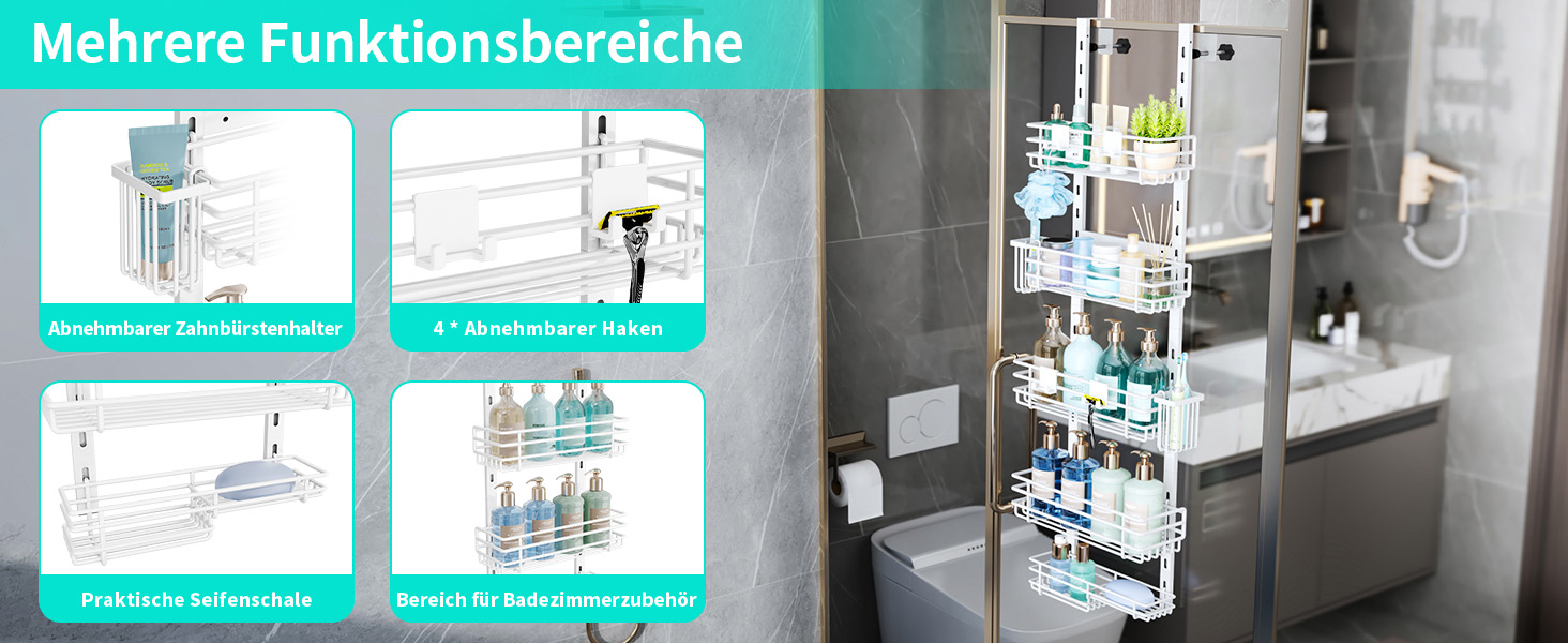 Настінна поличка для душу HapiRm з 22 гачками та 2 тримачами для зубних щіток, 5 ярусів (білий)