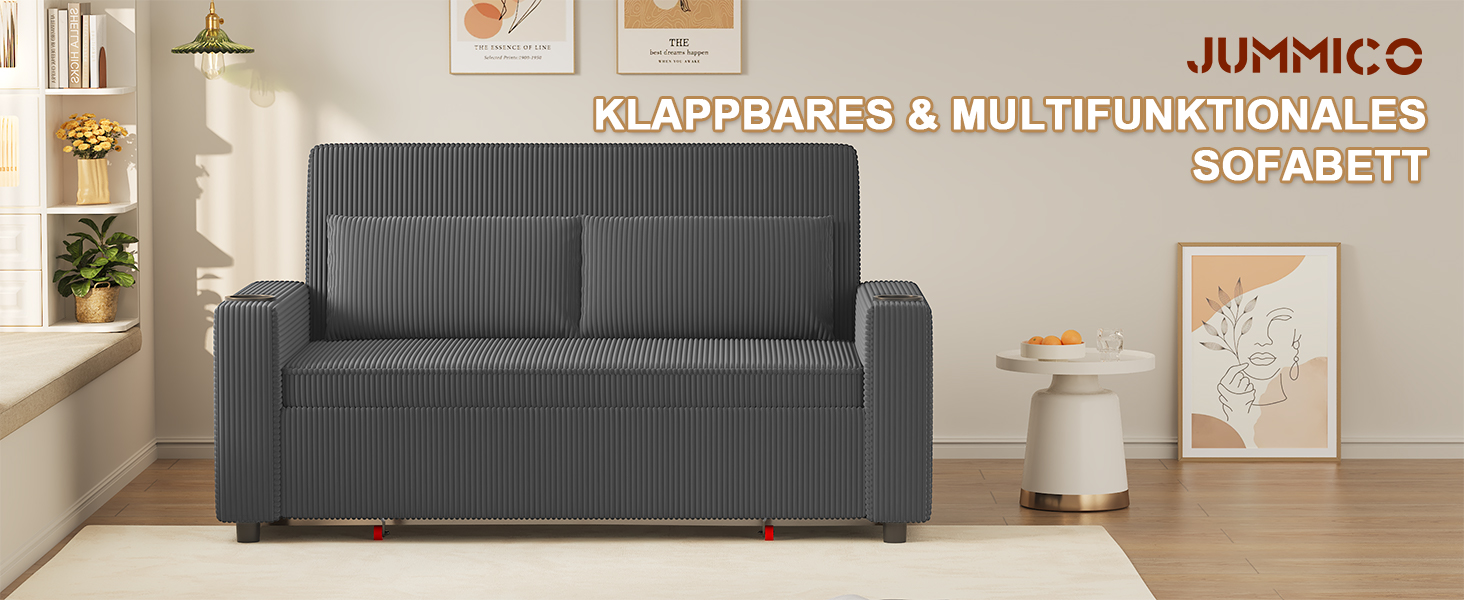 Диван-ліжко JUMMICO 2-місний розкладний сірий з подушками та підсклянниками для вітальні та спальні 75x160x93 см