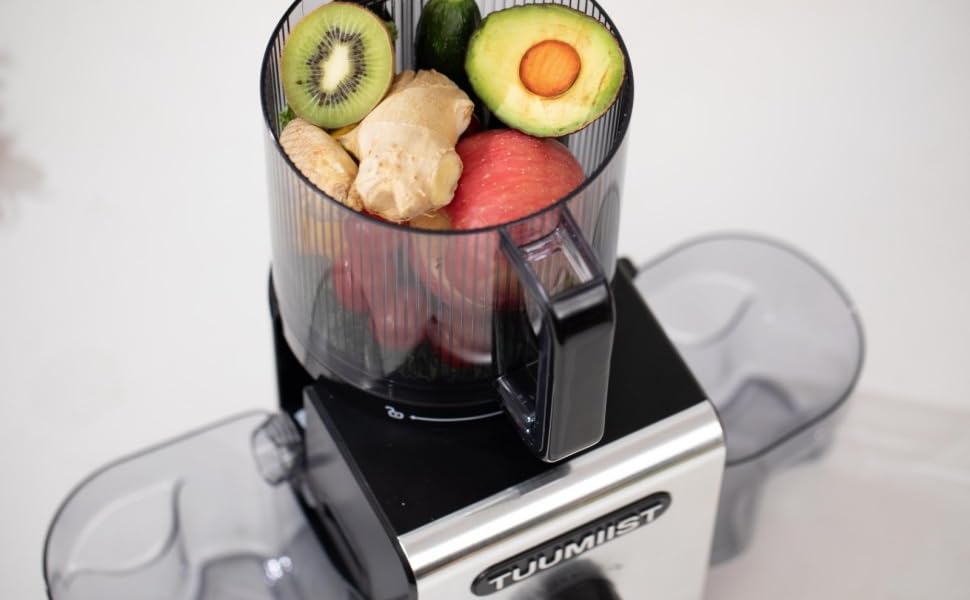 TUUMIIST Шнековий соковитискач XXL, 150 мм, 3 л, для сім'ї, 99% вижимка, BPA-free, REV Anti-Blockier System, чорний