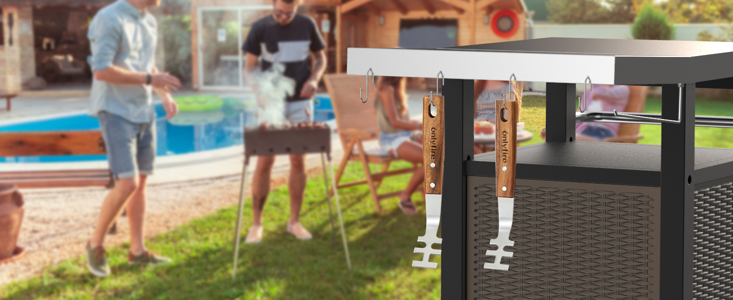 Набір гриль-посуду Onlyfire 4-в-1: щипці, лопатка, виделка, щітка з нержавіючої сталі та акації, з ручками та петлями для підвішування