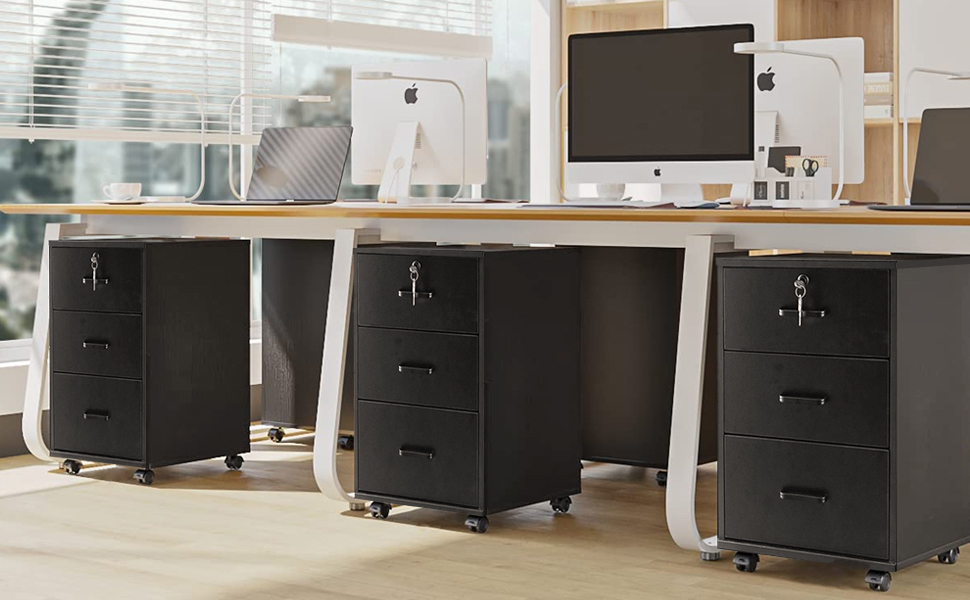 Тумба на колесах TUKAILAI з 3 висувними ящиками, з замком, для офісу, білого кольору