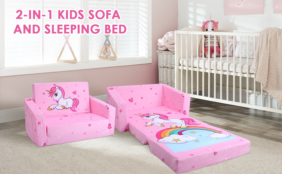 Дитяче крісло-софа 2 в 1 з кишенькою та неслизьким подушкою, розкладне, з єдинорогом для дитячої, вітальні, ігрової кімнати