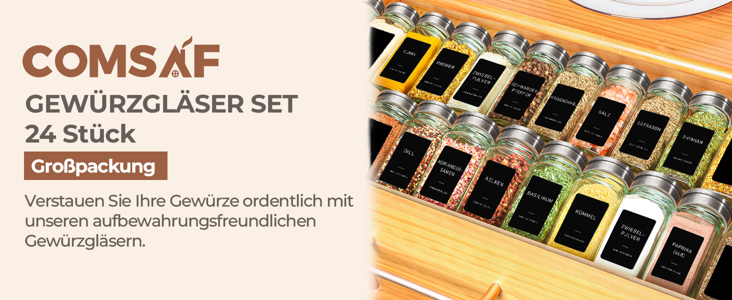 Набір банок для спецій ComSaf (24×120 мл) з мітками, дозатори, з нержавіючої сталі, органайзер