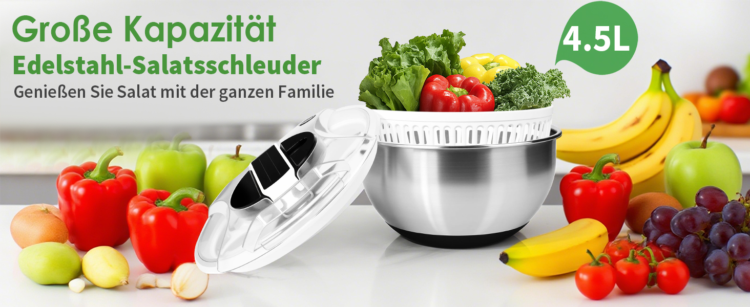 Салатниця-центрифуга 4.5л з нержавіючої сталі - для миття овочів, зелені та ягід