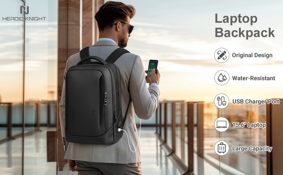 Чоловічий рюкзак для ноутбука Heroic Knight - діловий, з USB-зарядкою, антикрадійний, для ручної поклажі, 15.6