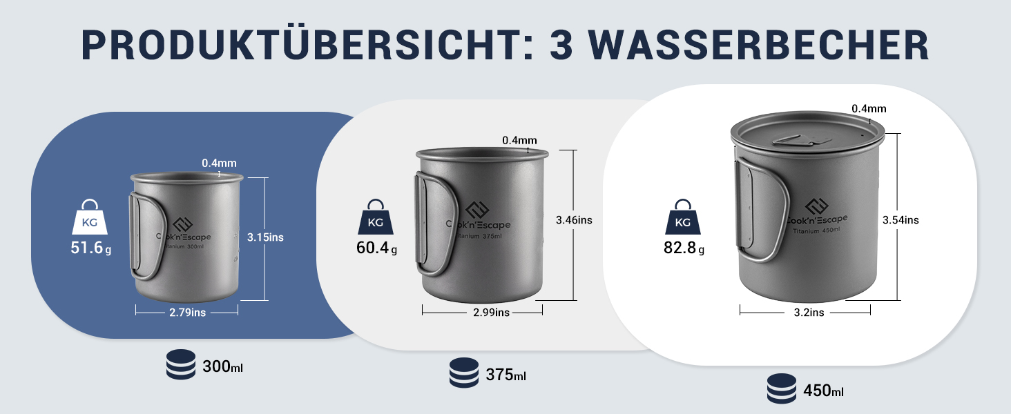 Титанова чашка для кемпінгу COOK'N'ESCAPE Titan Becher 300 мл з кришкою та складною ручкою - легка, міцна, жаростійка для туризму, пікніка