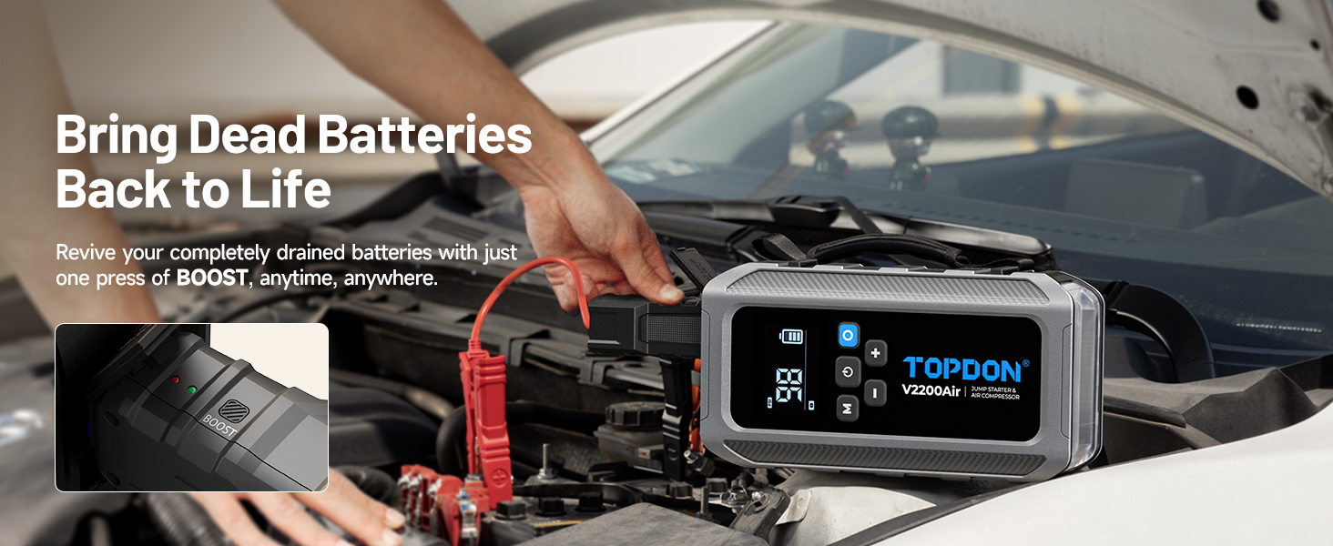 Пусковий пристрій TOPDON V2200 Air Jump Starter з компресором 150 PSI, бустер для авто (бензин до 8Л, дизель до 6Л), струм 2200А, LED-ліхтарем
