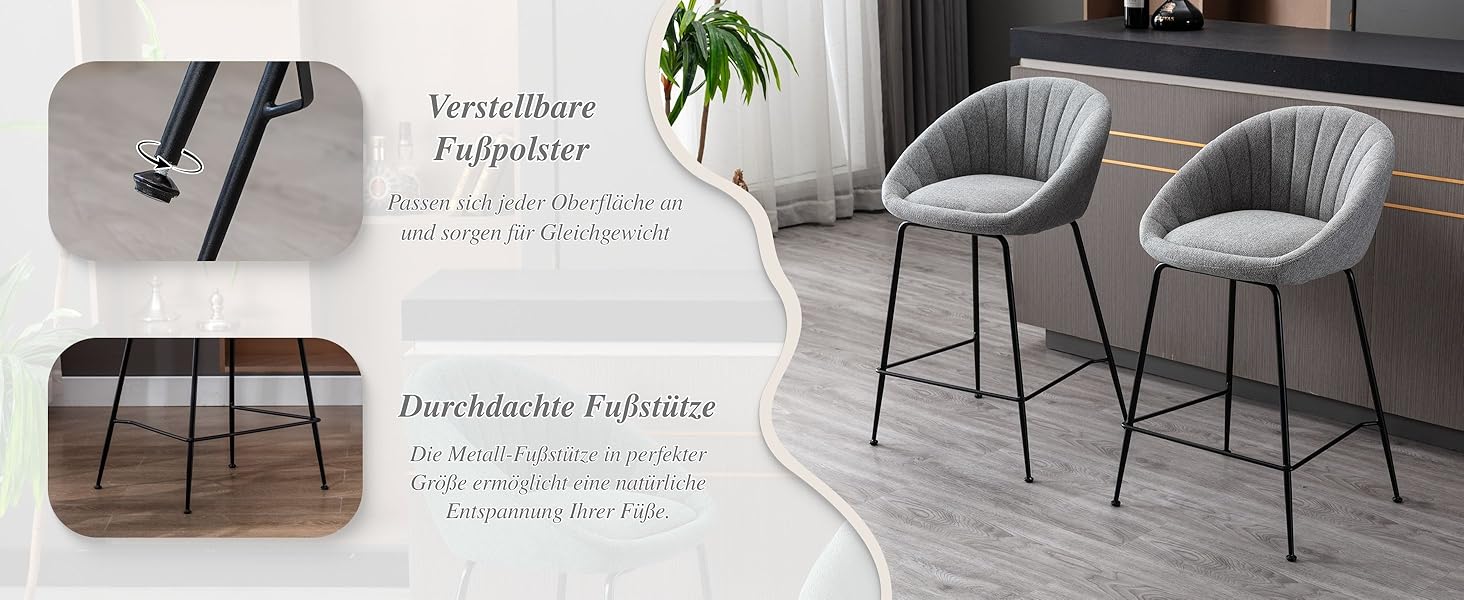 Набір з 2 барних стільців Chairus: міцний металевий каркас, сидіння з льону, для кухні/домашнього бару, сірий