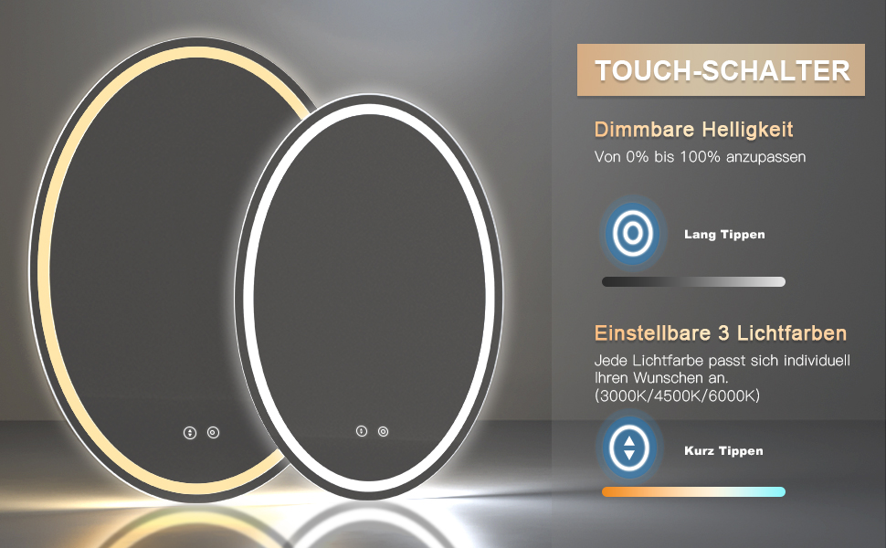 Дзеркало для ванної кімнати Dripex з підсвічуванням LED, сенсорне керування, регулювання яскравості, 3 кольори світла, антизапарник, овальне, 50 x 70 см