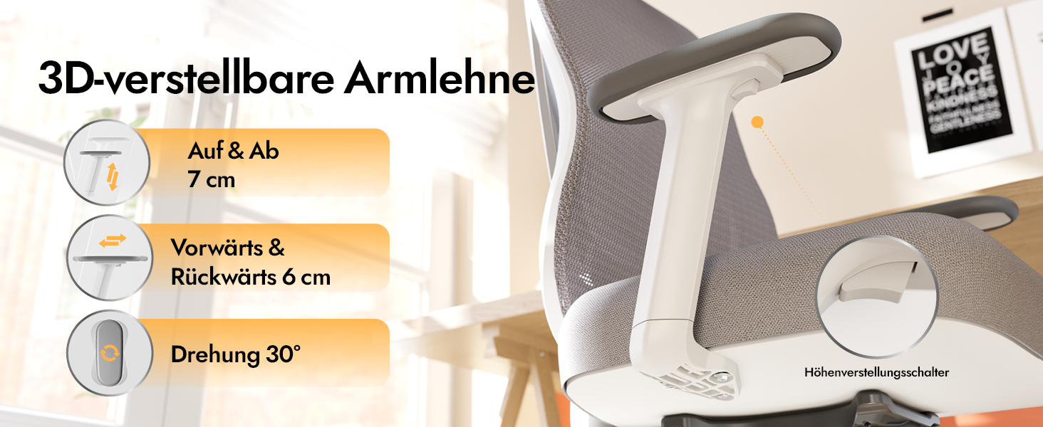 Ергономічне крісло для офісу та дому з 3D поперековою підтримкою та регульованими підлокітниками, біле