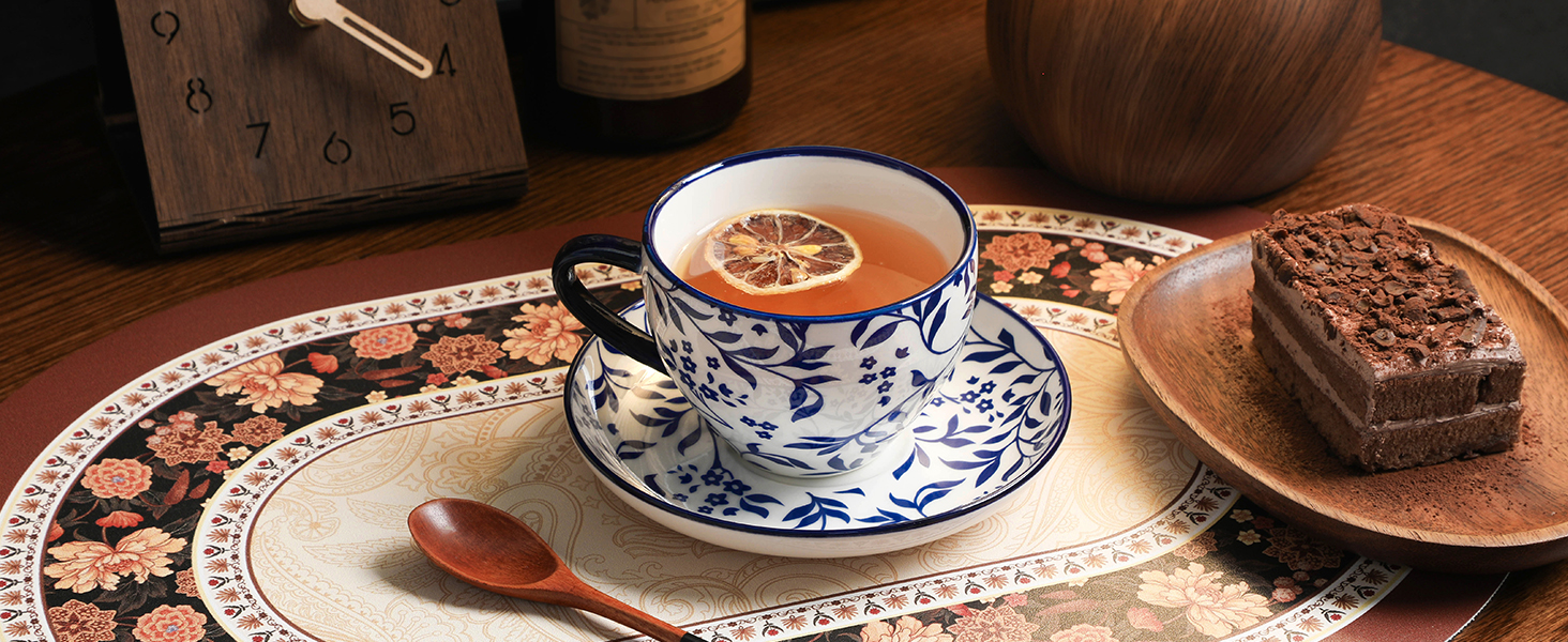 Набір кавових чашок Vancasso Selene, 6 шт., 360 мл, блакитно-білий вінтажний дизайн, для кави, молока, чаю та какао