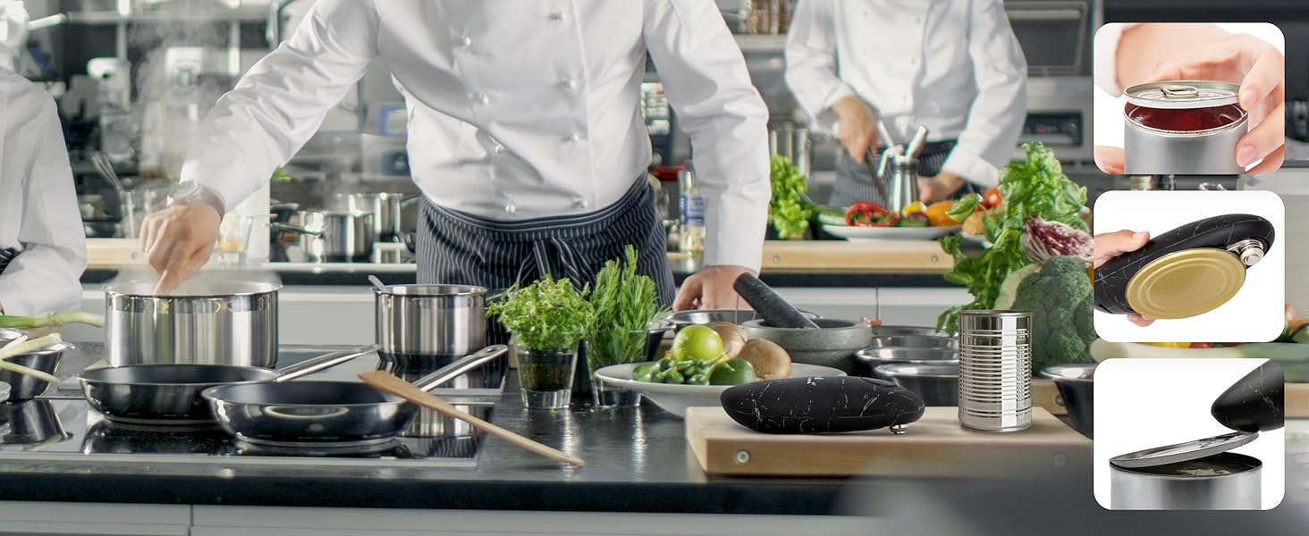 Електричний відкривач консерв Kitchen Mama 2.0: автоматичний, бездротовий, з гладкою кромкою, для безпечного відкривання, працює від батарейок (мармуровий чорний)