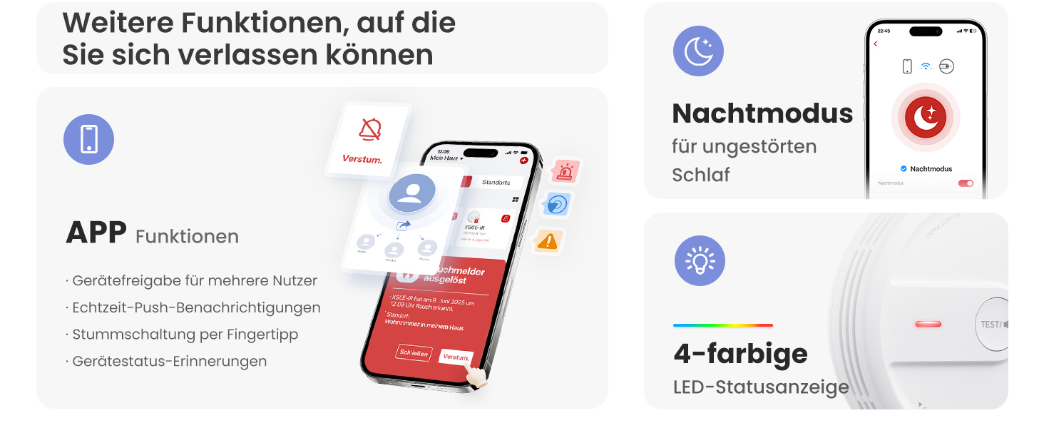 X-Sense Розумний димовий датчик з Wi-Fi, EN 14604, нічний режим, 10 років служби, змінна батарея, керування через додаток, XS0E-iR, білий