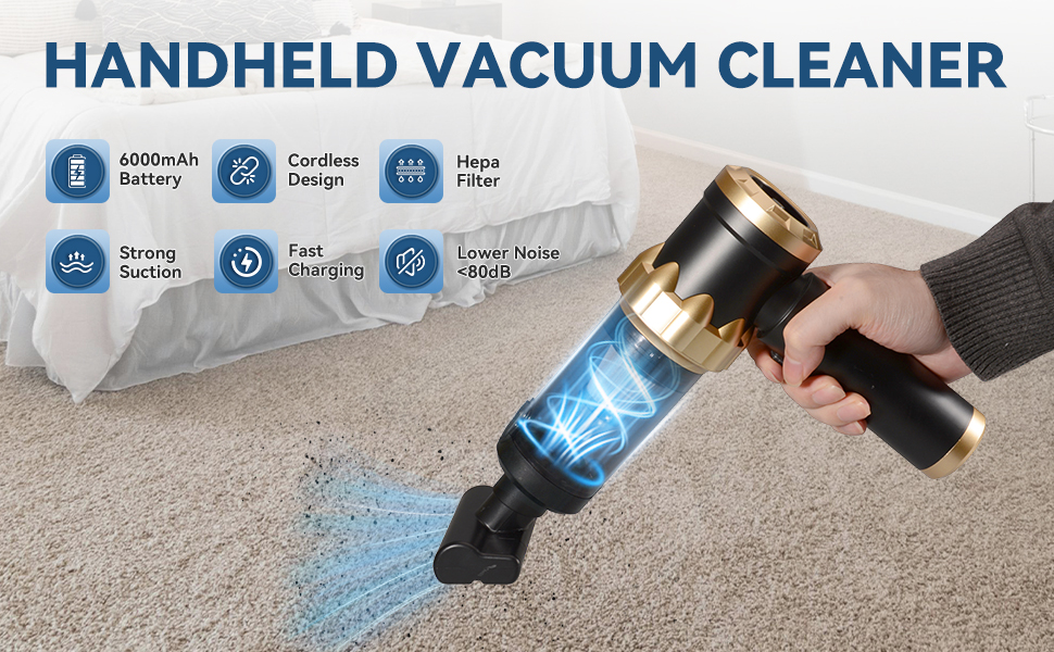 Акумуляторний ручний пилосос Handstaubsauger 26000Па, бездротовий автомобільний міні-пилосос 4-в-1 з безщітковим двигуном, 3 режими потужності для дому, авто та шерсті тварин, чорний
