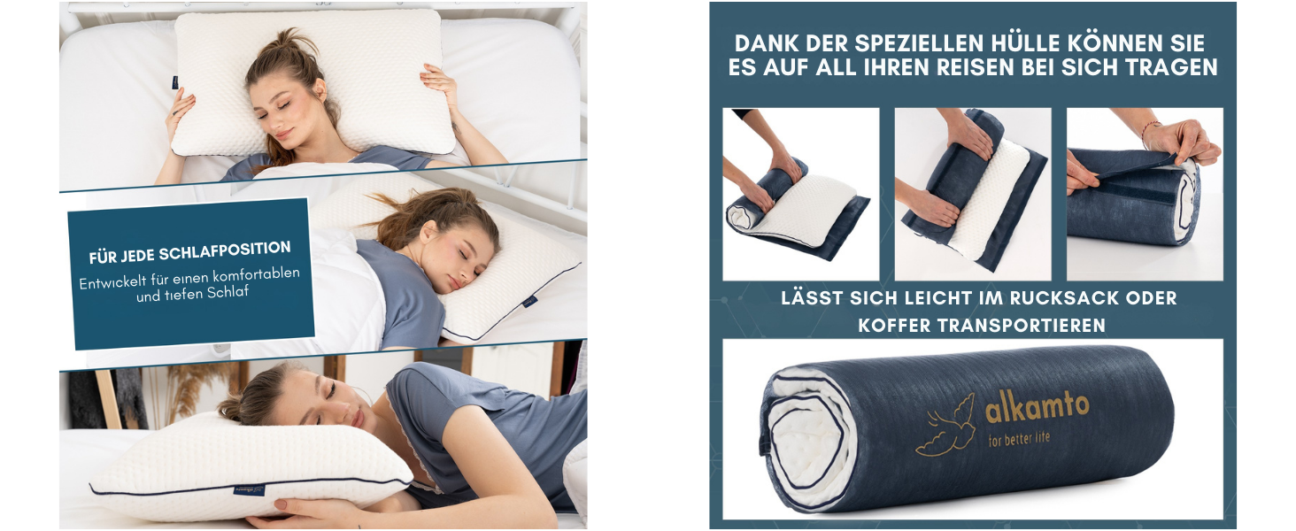 Подушка з піною з пам'яті Alkamto 70 x 45 см - ергономічна підтримка шиї - сертифікат Oeko-Tex - терморегулююча наволочка - гіпоалергенна та придатна для прання - для сну на спині та на боці 70 x 45 x 12 см