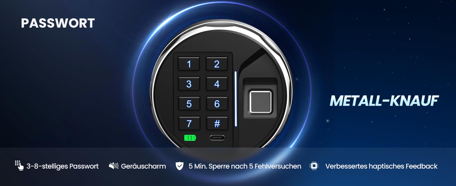 Сейф Grimtron з біометричним сканером відбитків пальців – 22L, LED-підсвічування, тихий режим, захист від злодіїв, нержавіюча сталь, чорний