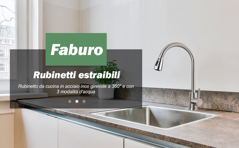 Змішувач для кухні Faburo з висувним душем, нержавіюча сталь, поворот 360°, 3 режими, економія води