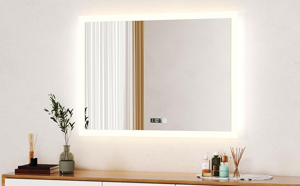 Дзеркало для ванної кімнати Boromal з підсвічуванням та годинником 50x70 см, LED, 3 кольори, регулювання яскравості, сенсорне керування