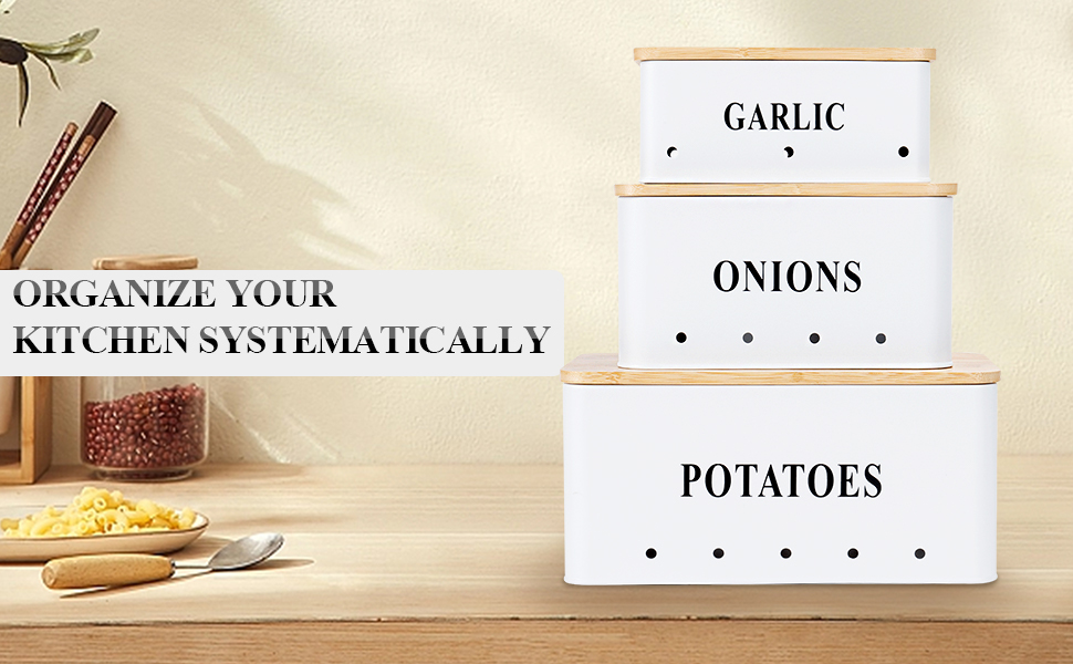 Набір контейнерів для картоплі, цибулі та часнику [3 шт] з бамбуковими кришками | Коробки для зберігання овочів з вентиляцією | Чорний