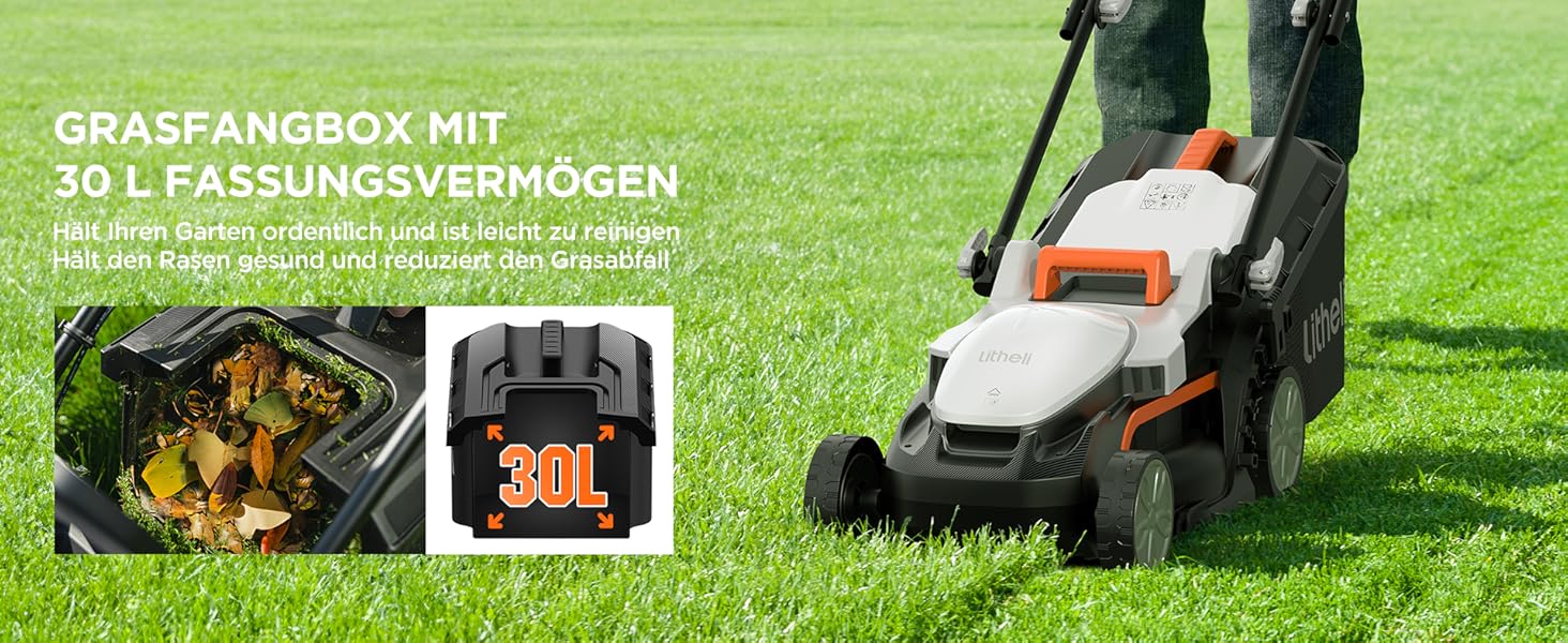 Акумуляторний газонокосарка Litheli 20V, ширина косіння 33 см, до 200 м², об'єм кошика 30 л, висота косіння 25-65 мм, з акумулятором 4.0 Ah