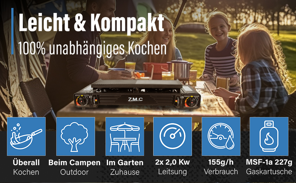 Преміум газовий набір для кемпінгу ZMC з 2 конфорками, 2,5 кВт, Piezo-запалювання, валіза для транспортування. Ідеально для відпочинку на природі, балкону та дому. Включає гриль-плиту 45×24 см та 227г газові картриджі.