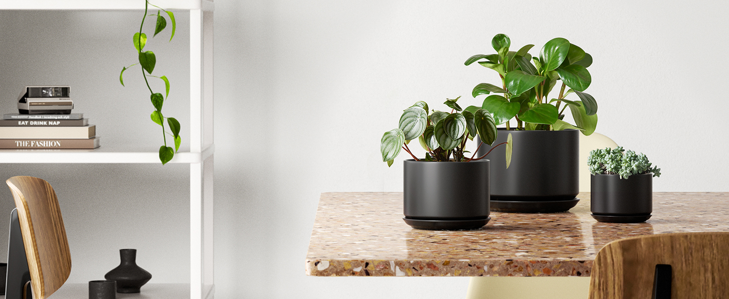 Набір горщиків для квітів LE TAUCI 3шт, кераміка, 11/13/17 см, з підставками та дренажними отворами, реактивна глазур, бежевий (чорний)