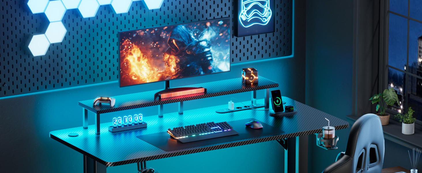 Ігровий стіл HLONONE з LED підсвіткою, 140x60 см: Комп'ютерний стіл з розетками та USB, стійкий стіл для геймерів та офісу, чорний