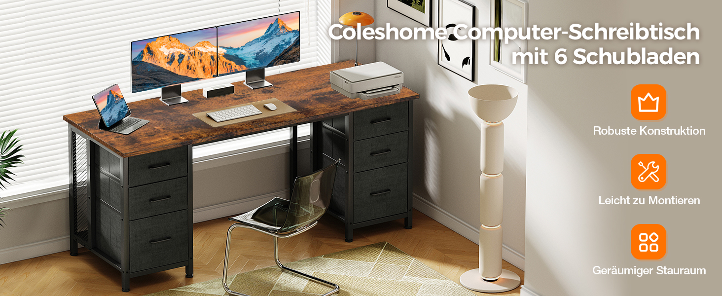 Комп'ютерний стіл Coleshome з 6 шухлядами, 160x52 см, білий, для дому та офісу