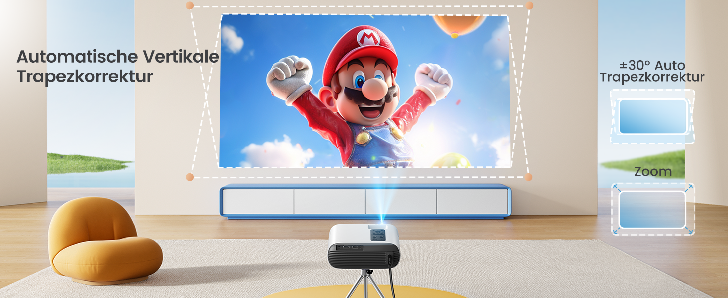 Портативний проєктор Mini Beamer 4K з підтримкою Android 13, WiFi 6, Bluetooth 5.4 та обертанням 270°. Підтримка HDMI, USB, iOS, PC. Автоматична корекція трапеції. Білий (молочний)