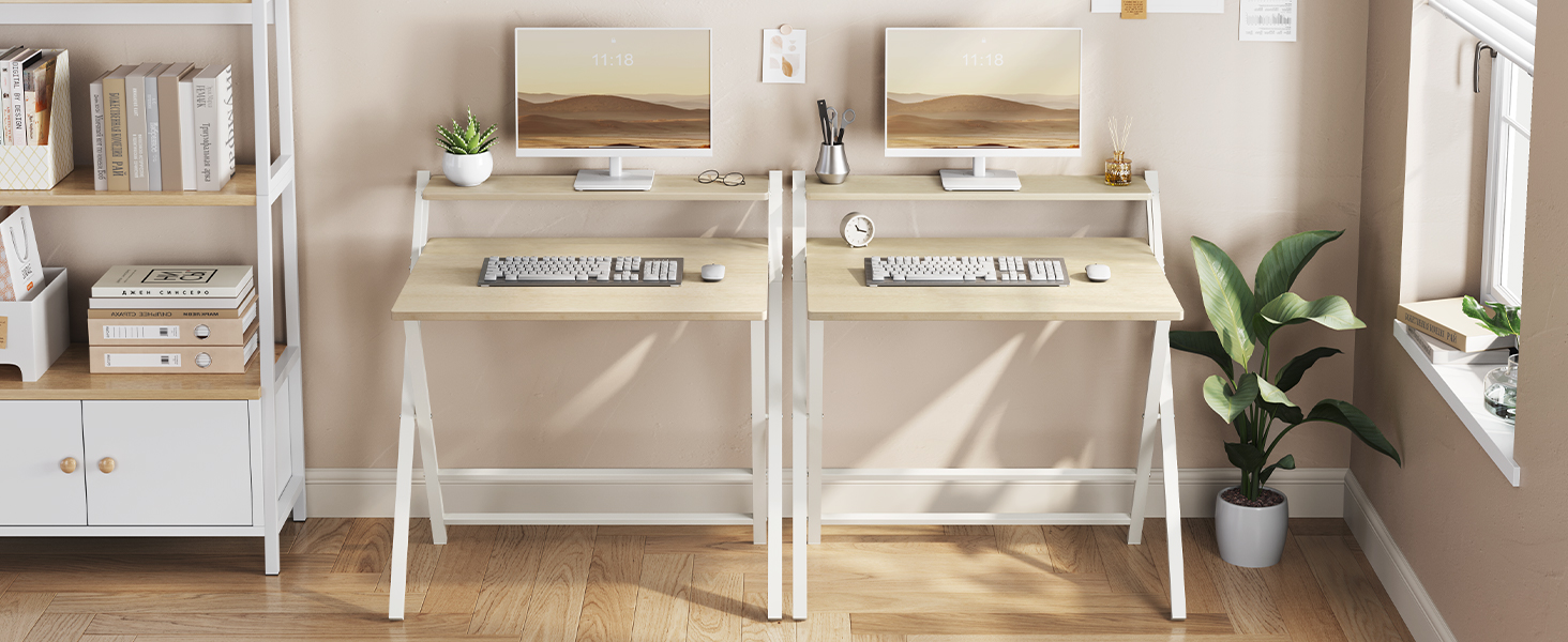 Зкладний стіл Yaheetech 80 см для комп'ютера з полицею, двоярусний робочий стіл з підставкою для монітора, стіл для ноутбука для дому/маленьких кімнат/вітальні, білий/80 см x 50 см, білий (світле дерево)