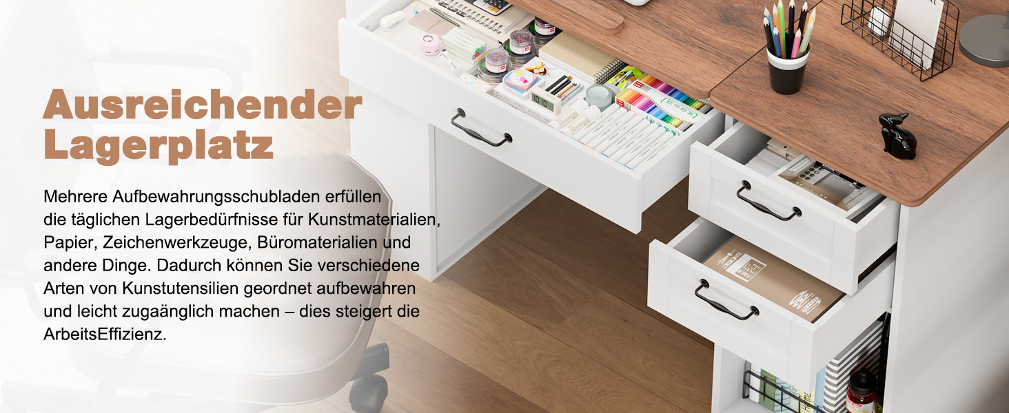 Регульований стіл для малювання AeasyG з 3 ящиками та 3-рівневими полицями, стійка конструкція з МДФ (50 кг вантажопідйомність) для художників та домашнього офісу, кут нахилу 0-80°, 60x120x76 см, білий