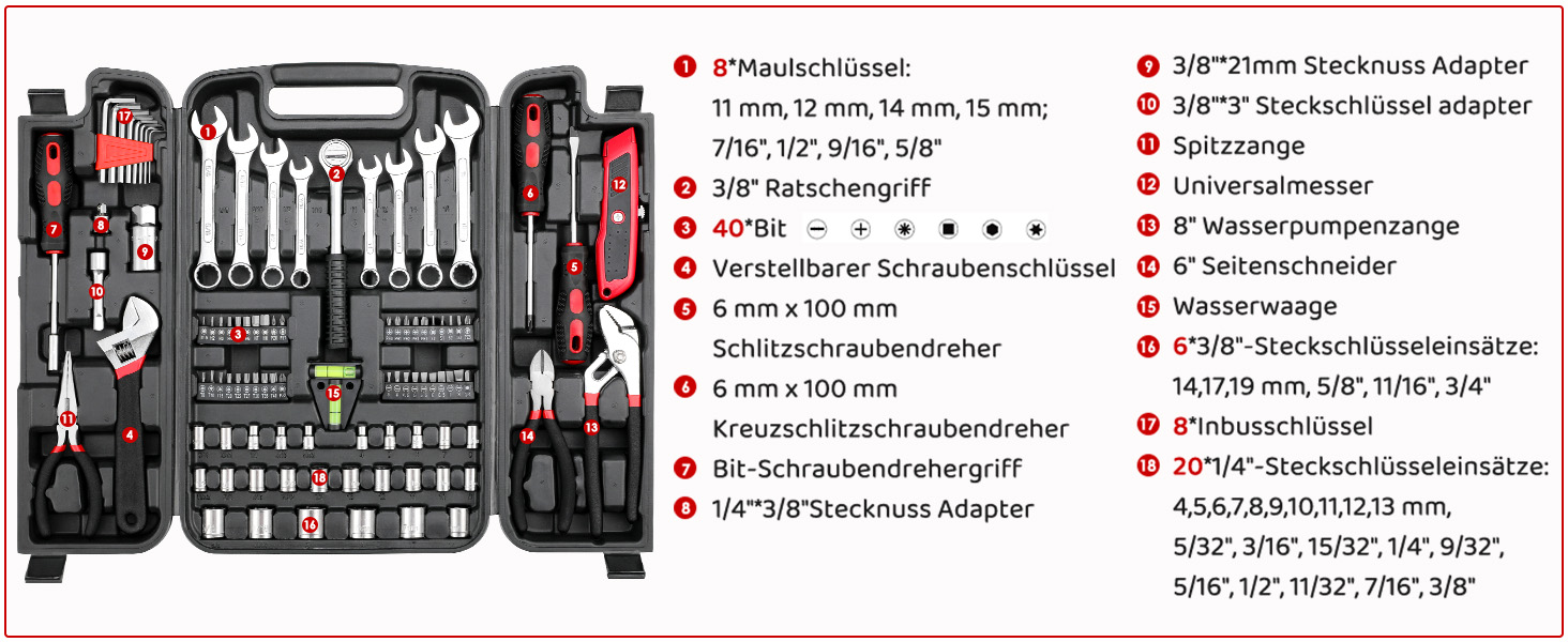 Набір інструментів 95 предметів у пластиковому кейсі Werkzeugkoffer: набір для дому, авто, гаража з тріскачкою, викрутками та ключами