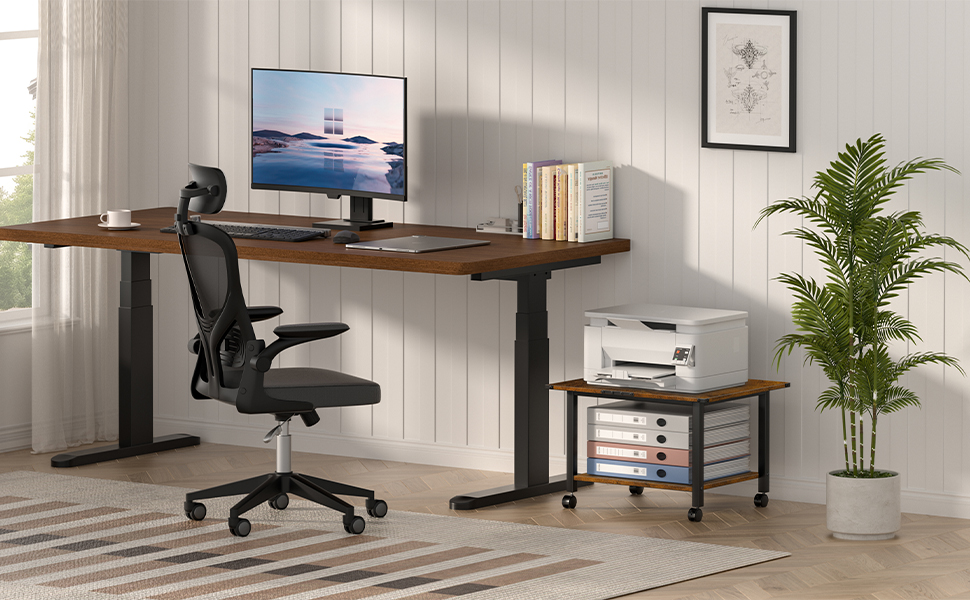 Стіл для принтера LELELINKY з роликами, мобільний двоярусний стійка для принтера, підставка для принтера з фіксуючими колесами, візок для принтера для офісу, факсу та дому, 52,5 x 40 x 36 см, Колір: Коричневий