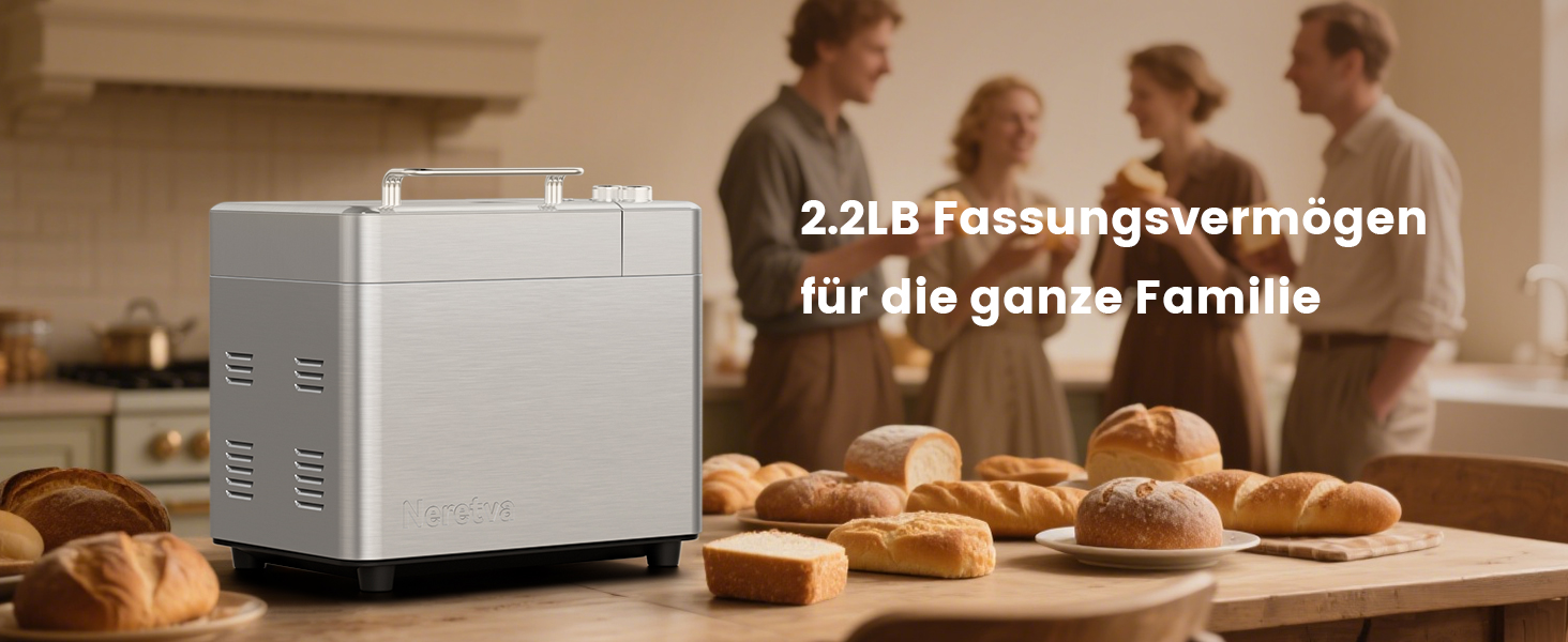 Хлібопічка Neretva з 17 програмами, об'ємом 2.2 кг, з дозатором горіхів та фруктів, керамічним антипригарним покриттям, для безглютенових продуктів, тіста, закваски та йогурту, срібна