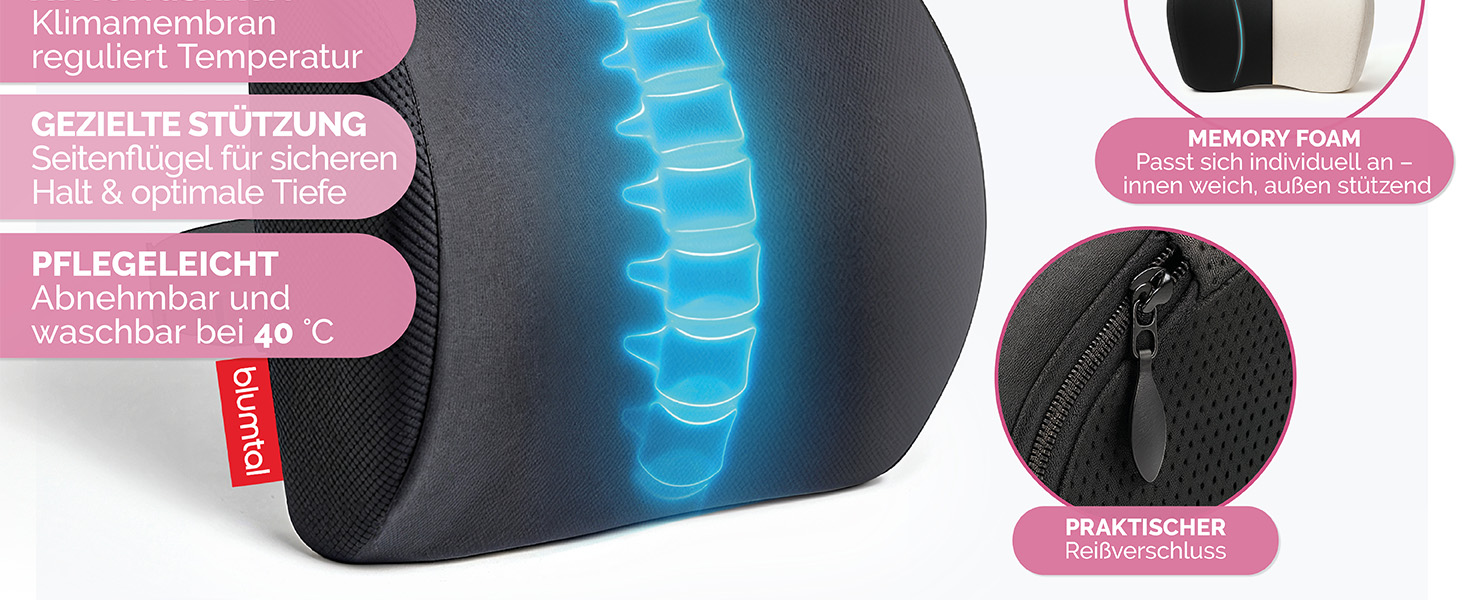 Ергономічна подушка під спину Blumtal з ефектом пам'яті (Memory Foam), підтримуюча подушка під поперек з чохлом OEKO-TEX