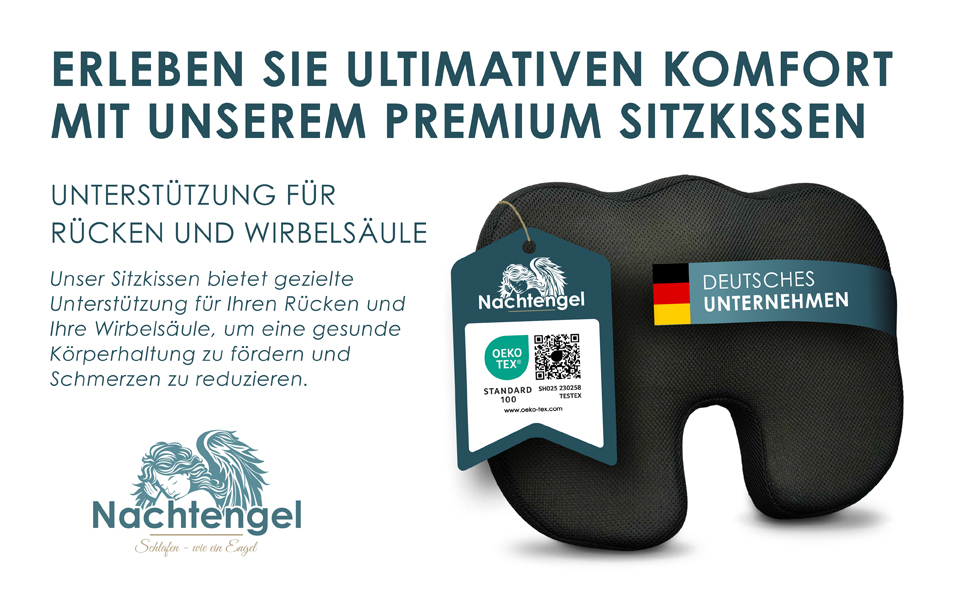 Ортопедична подушка для сидіння Nachtengel з Memory Foam для ергономічного комфорту, полегшення болю в куприку та спині – ідеально для офісного крісла, автосидіння (1 шт, чорний, Medium)