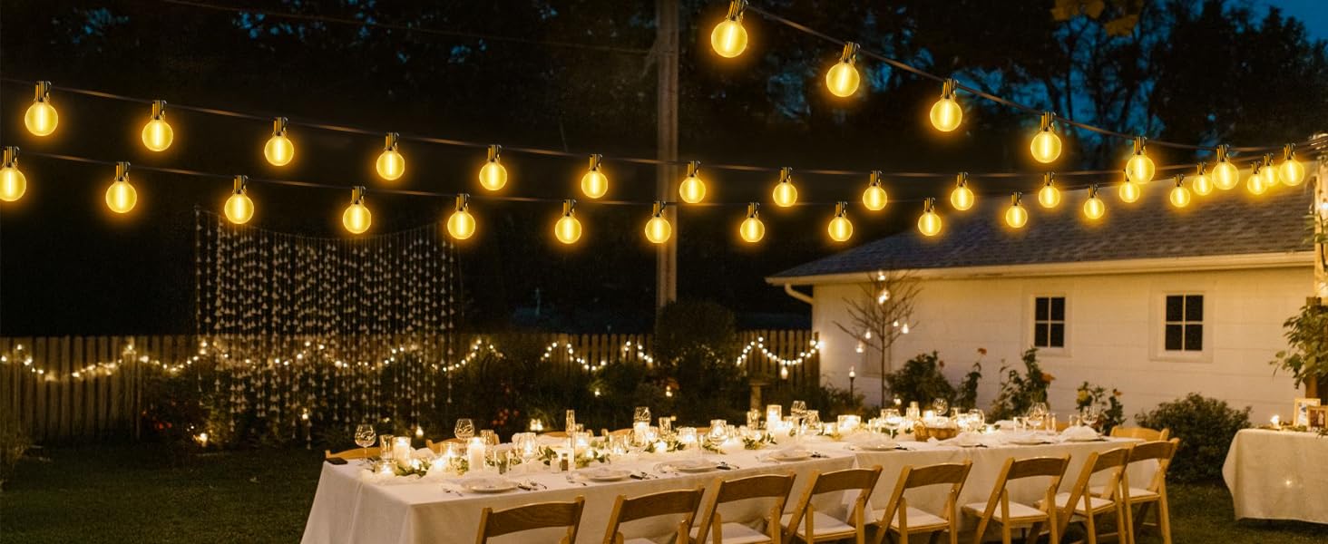 Ланцюжок прикрас LED для вулиці: 20 метрів, зовнішнє освітлення, 65 футів, лампочки G40 для саду, балкону, павільйону, тераси, вечірки. Вологостійкий IP44 з пульт дистанційного керування.