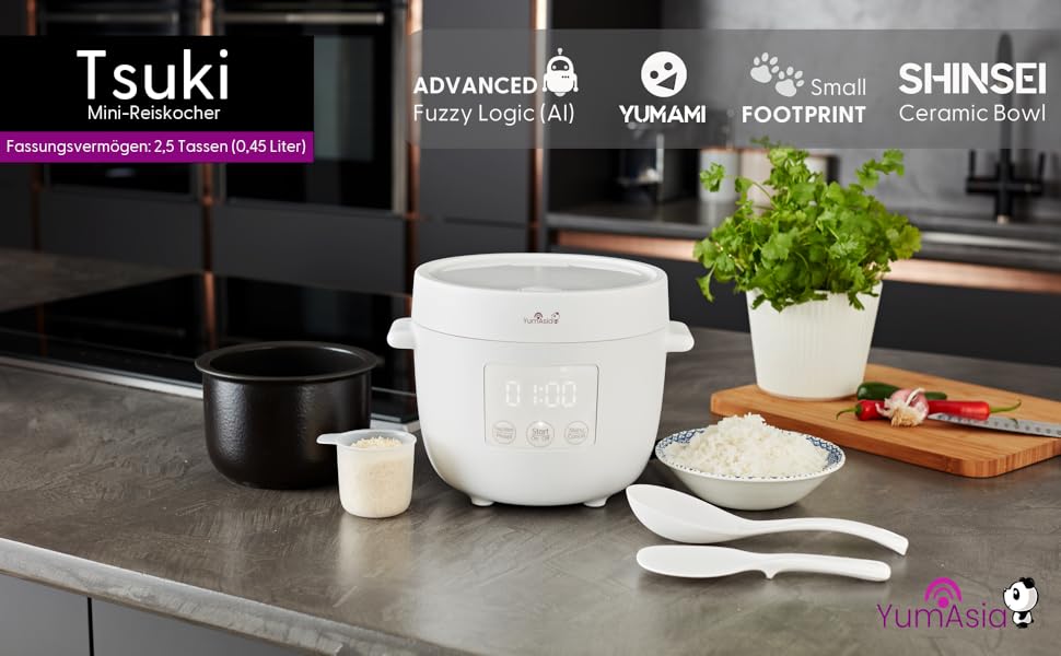 Рисварка Yum Asia Tsuki Mini з керамічною чашею Shinsei (2,5 чашки, 0,45 л), 5 функцій приготування рису, 2 функції мультиварки, LED-дисплей, 220–240V (Білий)